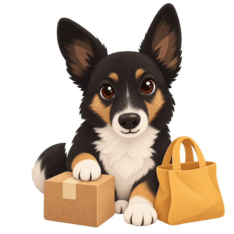 A cheerful black, tan, and white cartoon dog with big upright ears, a shopping tote, and a delivery box.