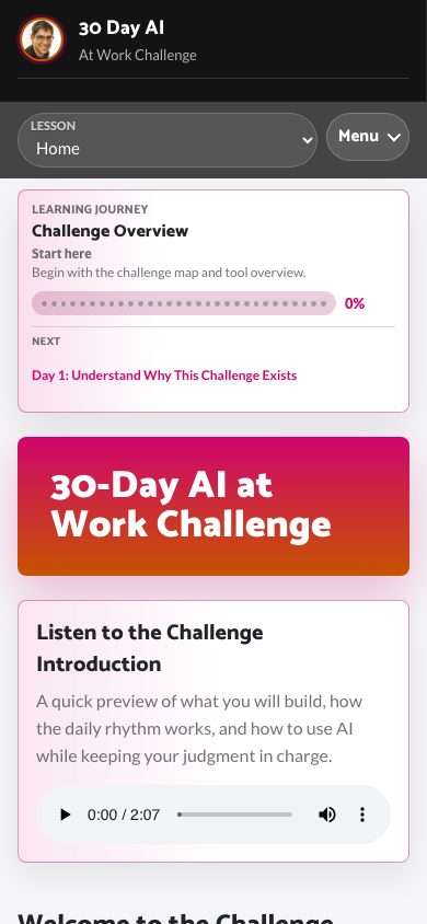 30 Day AI at Work Challenge microsite mobile screenshot with daily lesson page