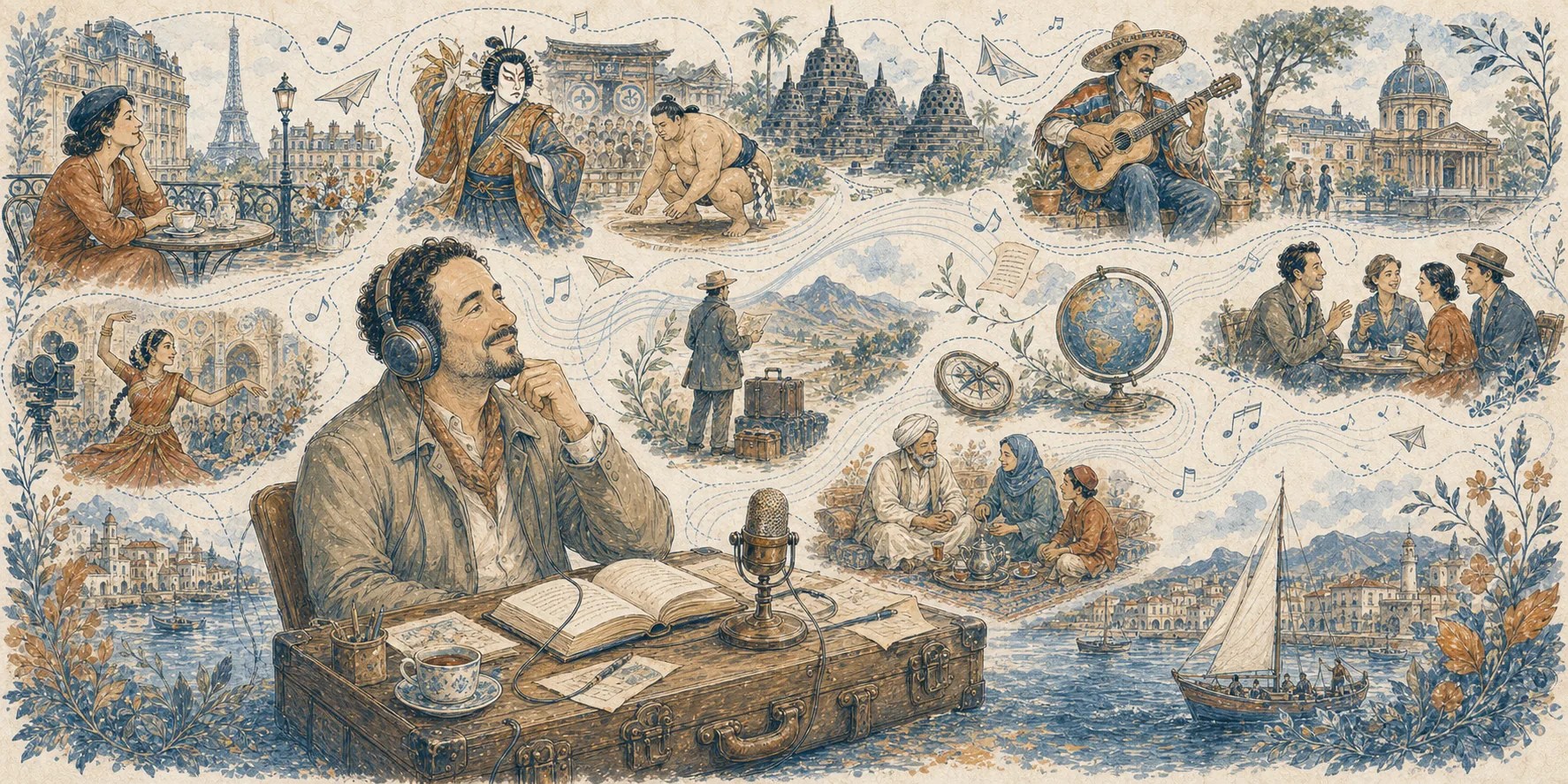 Illustration for the Around the World in Eighty Missions audiobook, featuring Jacques listening with headphones amid scenes from the book