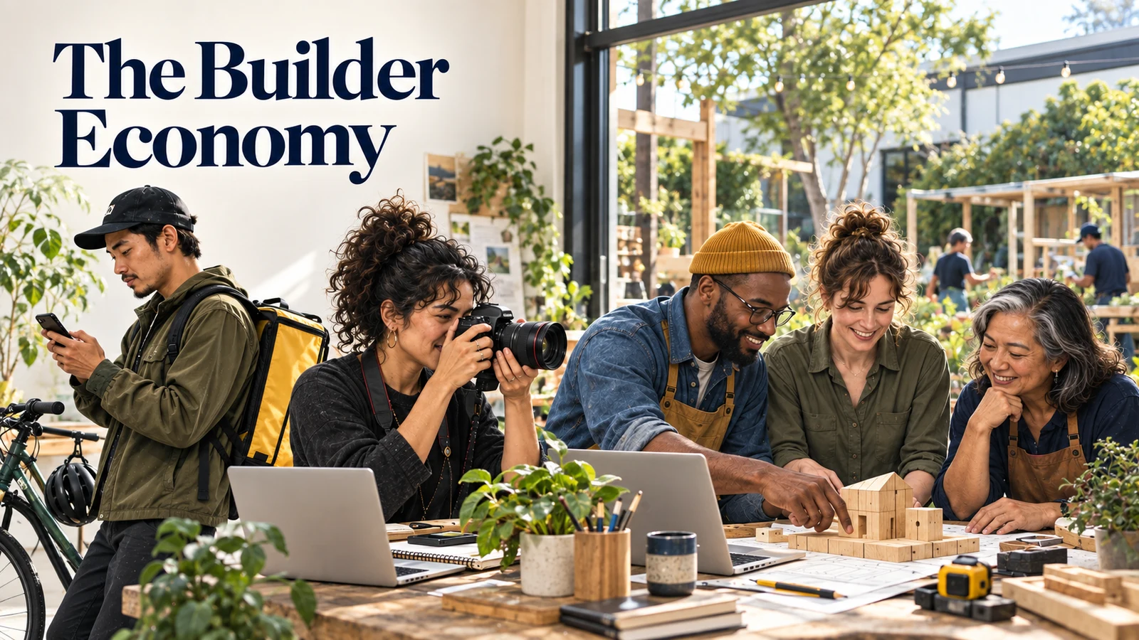 The Builder Economy: a courier, photographer, and small team using laptops and a prototype in a sunlit workshop.