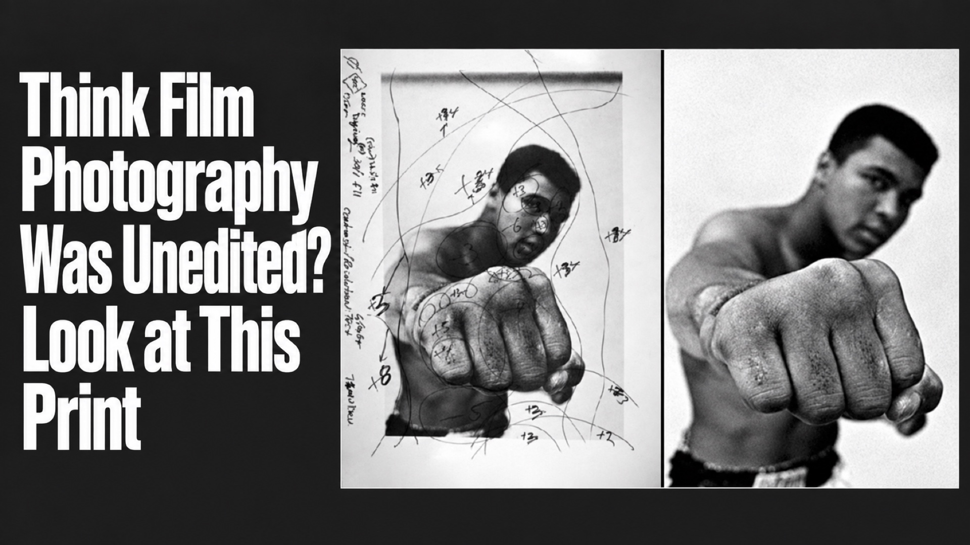 Editorial cover with a title panel beside an adapted comparison of Muhammad Ali prints, one marked with darkroom printing notes.