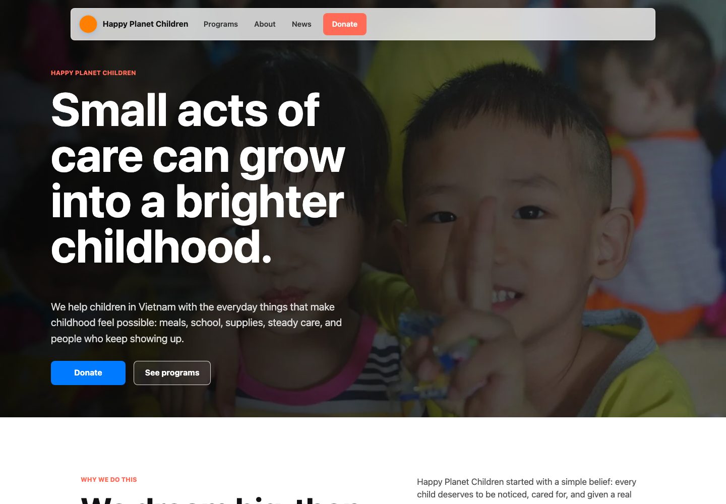 Happy Planet Children nonprofit website desktop screenshot with childhood care message