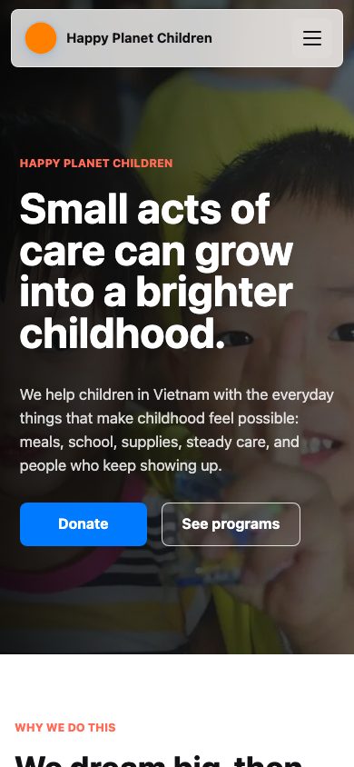 Happy Planet Children nonprofit website mobile screenshot with donation and campaign links