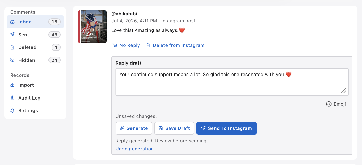 Kisau Pulse inbox showing an Instagram comment, reply draft, and send controls