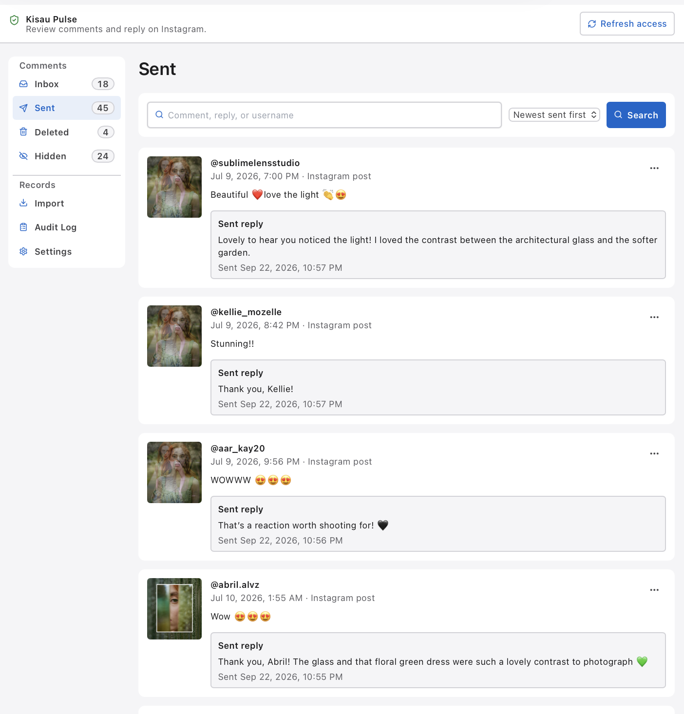 Kisau Pulse Sent view with search and a list of Instagram comments and replies