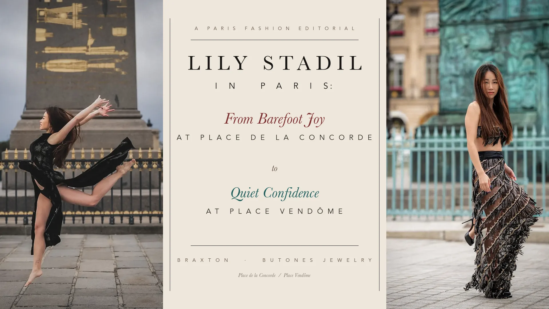 Lily Stadil in a Paris fashion editorial at Place de la Concorde and Place Vendôme featuring BRAXTON and Butones Jewelry