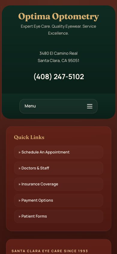 Optima Optometry Santa Clara website mobile screenshot with practice contact and quick links