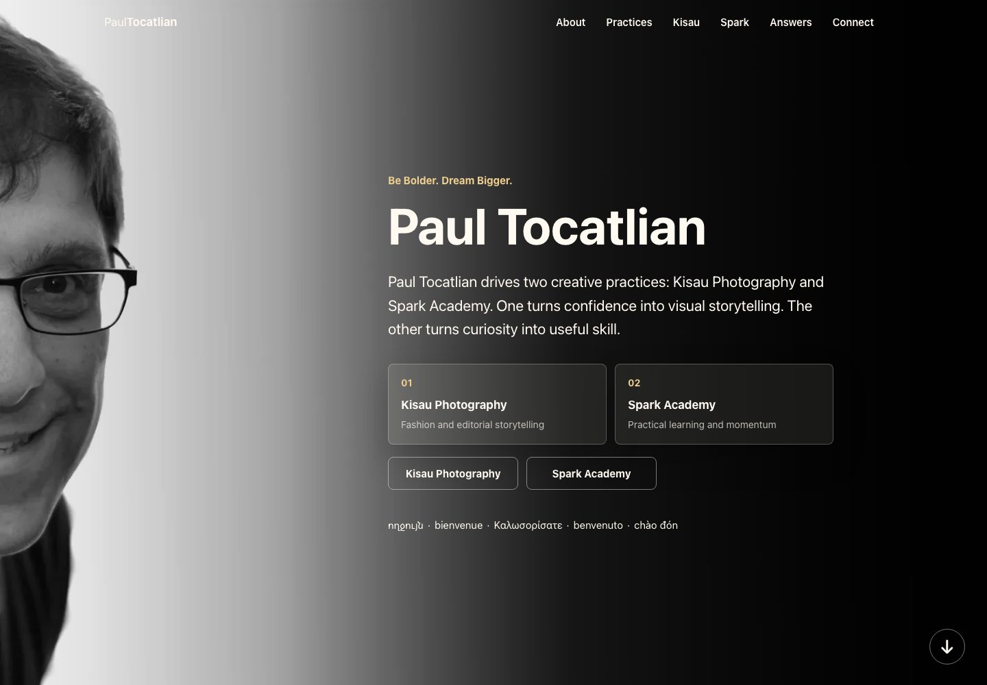Paul Tocatlian personal website desktop screenshot with black-and-white hero portrait