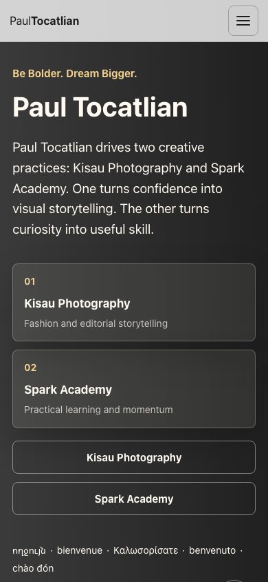 Paul Tocatlian personal website mobile screenshot with photography and Spark Academy links