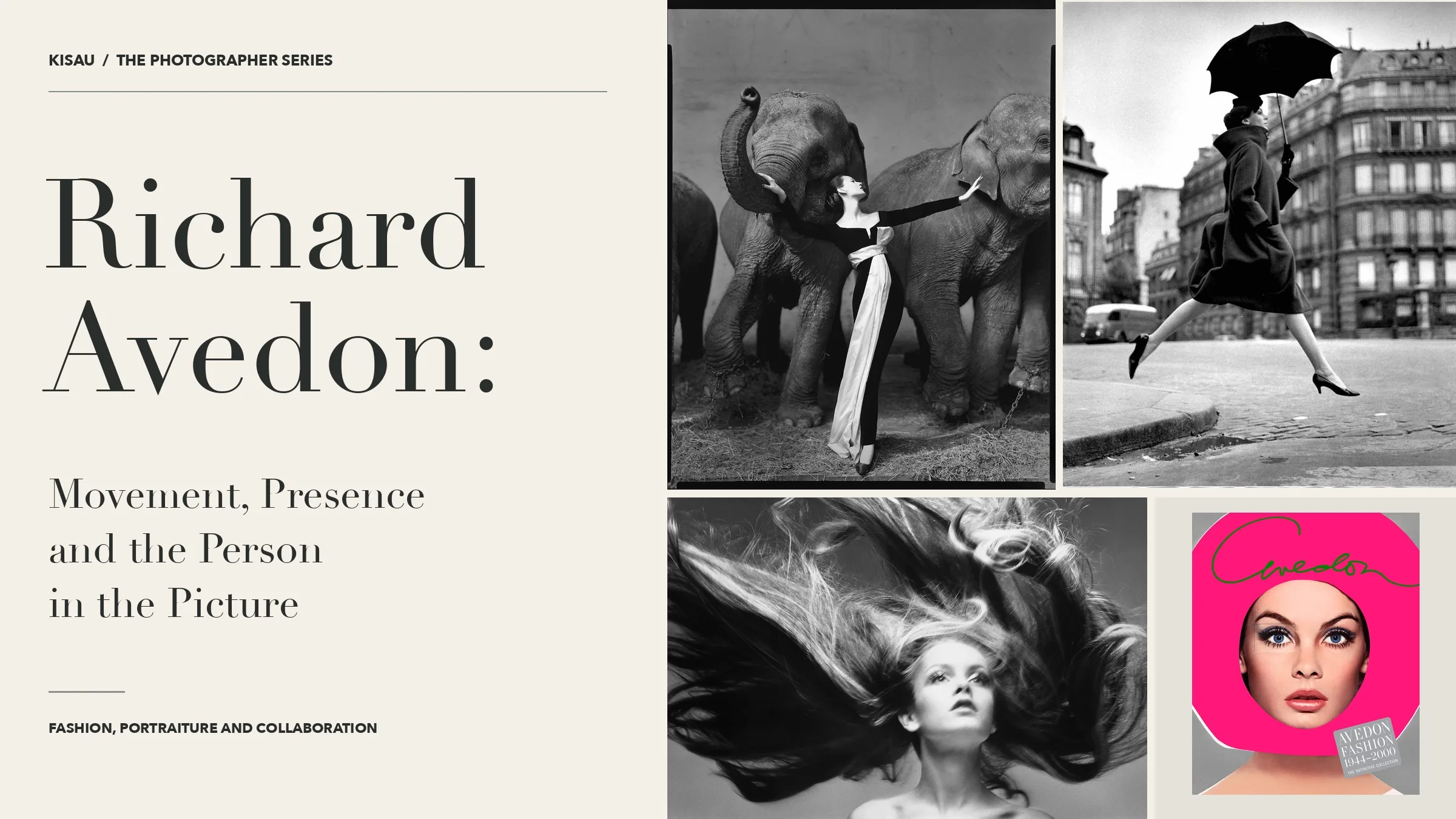 Richard Avedon: Movement, Presence and the Person in the Picture. Collage of Dovima with elephants, Carmen leaping, Twiggy and the Avedon Fashion book cover.