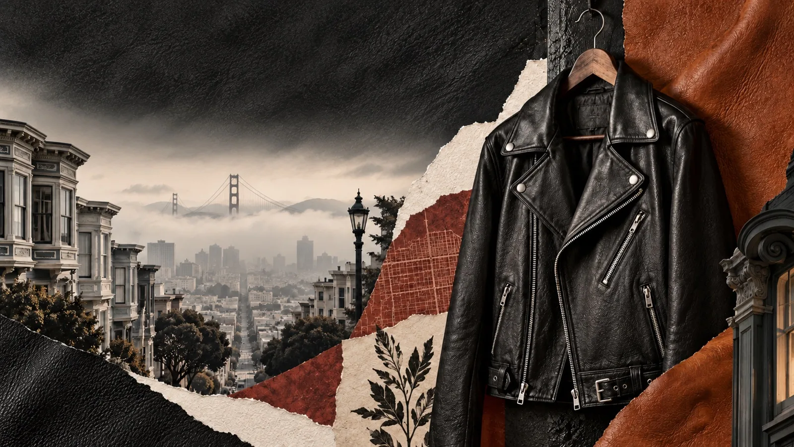 Illustrated black leather jacket with cognac leather textures, ivory paper, and foggy San Francisco architecture.