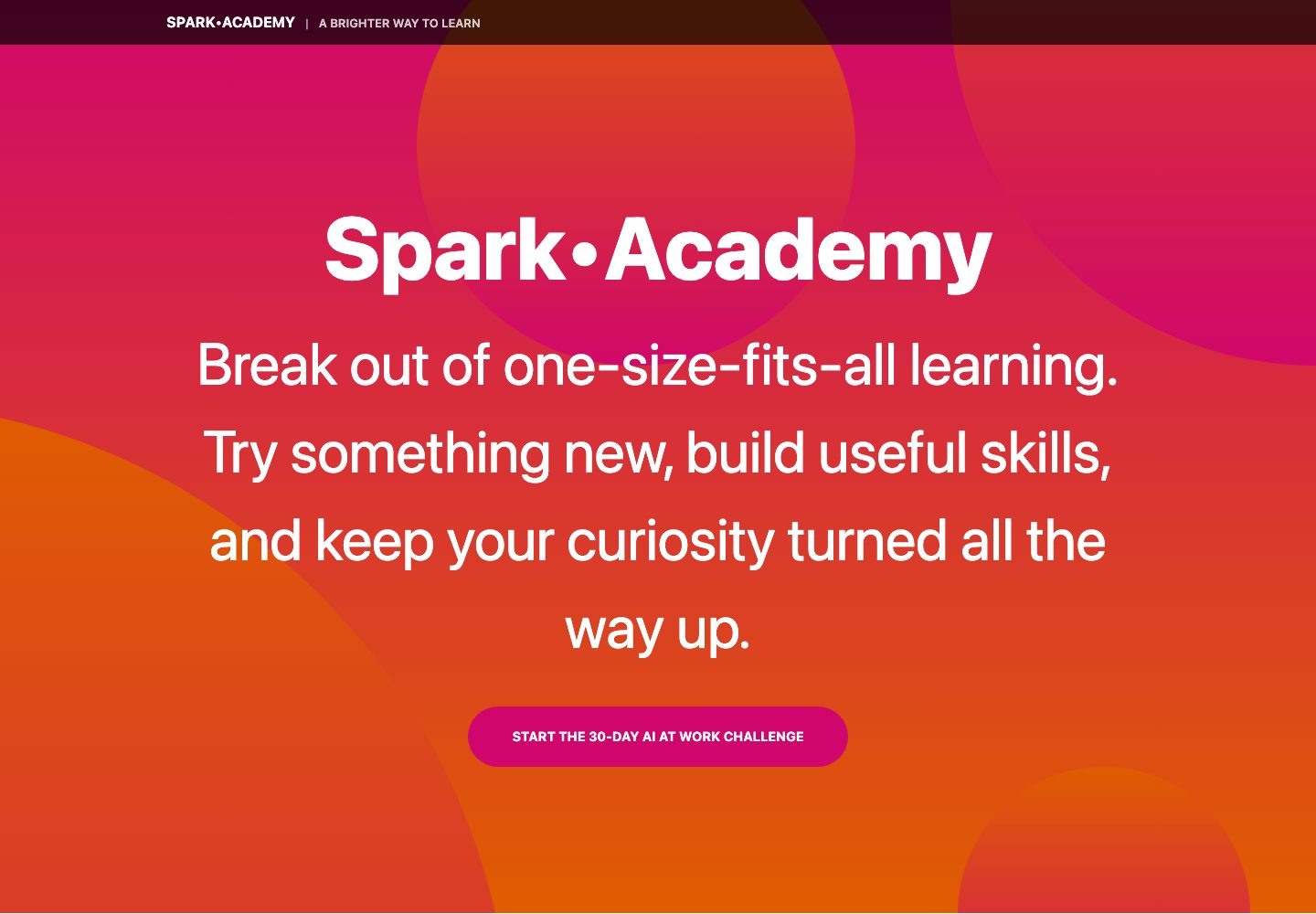 Spark Academy continuous learning website desktop screenshot with colorful landing page
