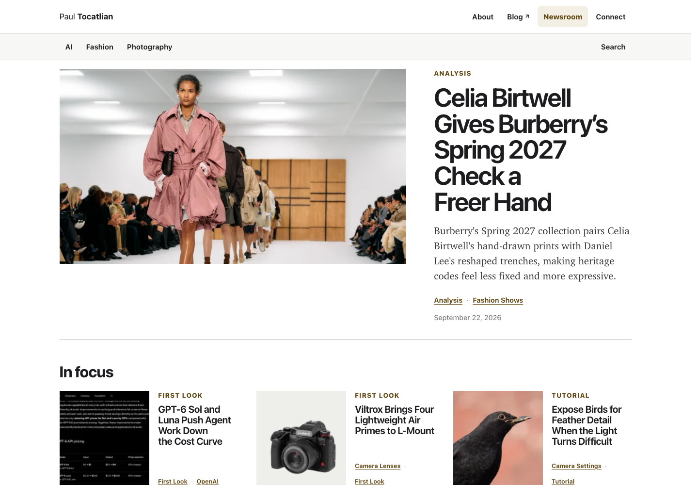 Newsroom desktop view with a fashion lead story and AI, Fashion, and Photography navigation