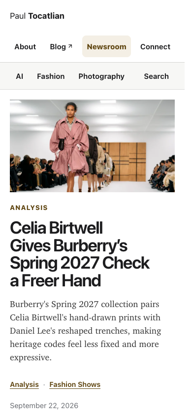 Newsroom mobile view with the lead article and topic navigation