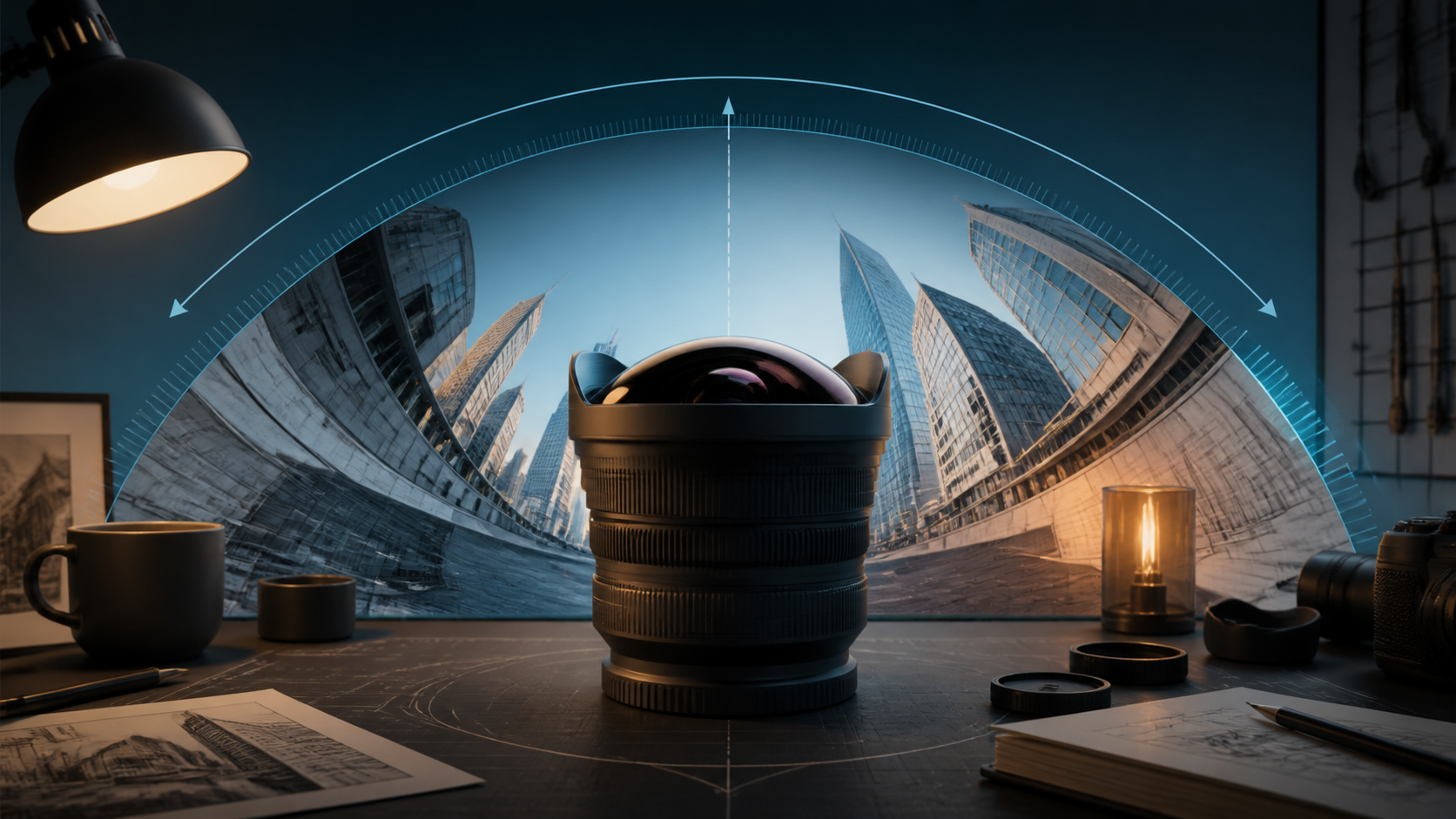 Editorial illustration of a generic fisheye lens in front of dramatically curved architectural lines on a photographer’s worktable