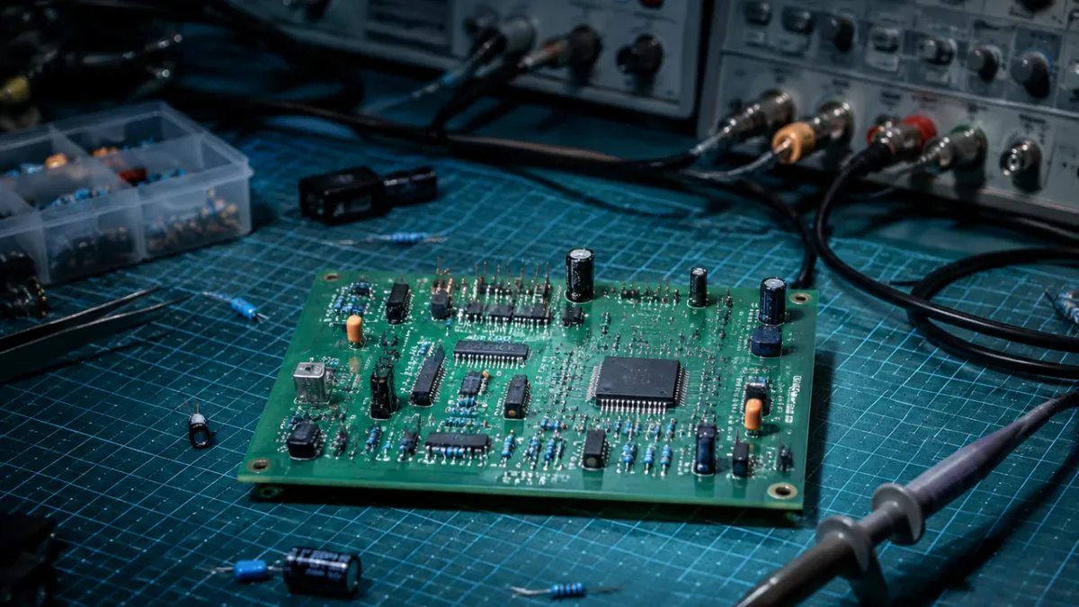 Editorial illustration of a generic circuit board, oscilloscope probe and instruments on a fictional electronics workbench.