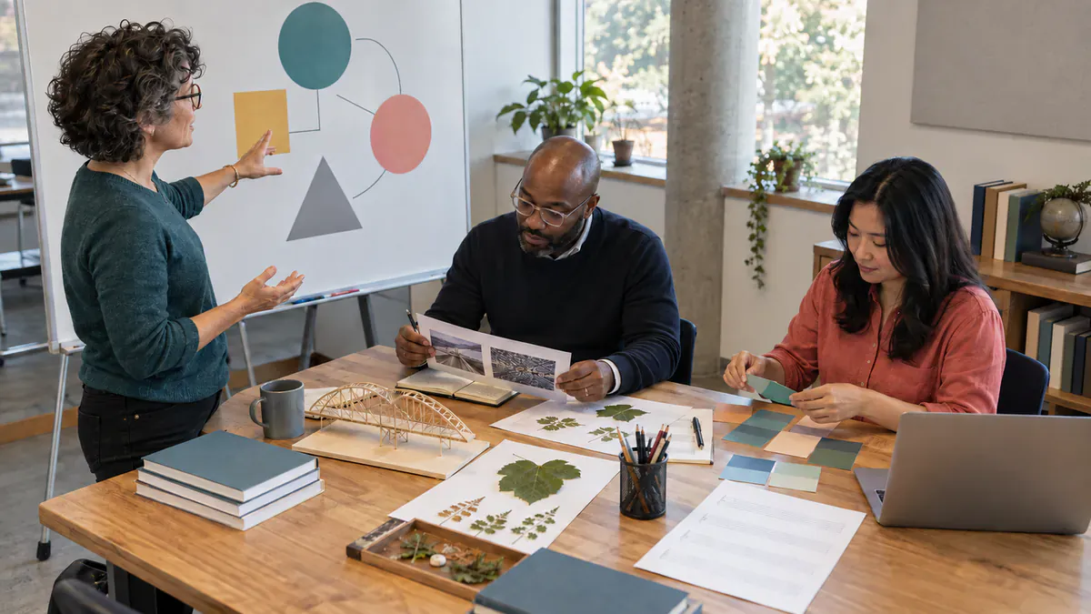 Fictional editorial illustration of three anonymous educators adapting lessons around a table with interdisciplinary materials.