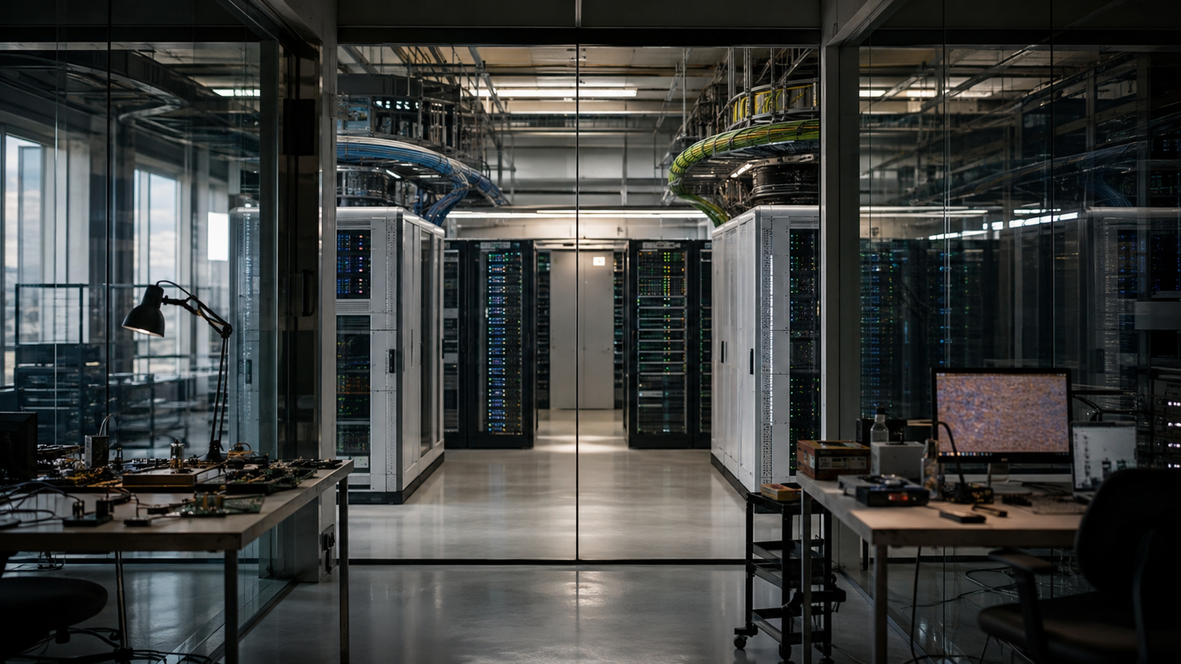 Fictional glass-walled data center where two streams of cabling converge into a shared computing area.