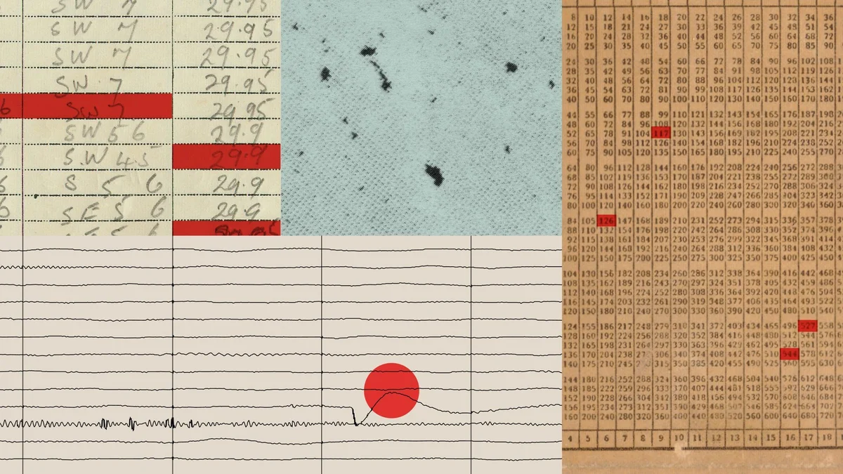 Anthropic illustration combining data tables, plotted traces, red markings, and blue texture.