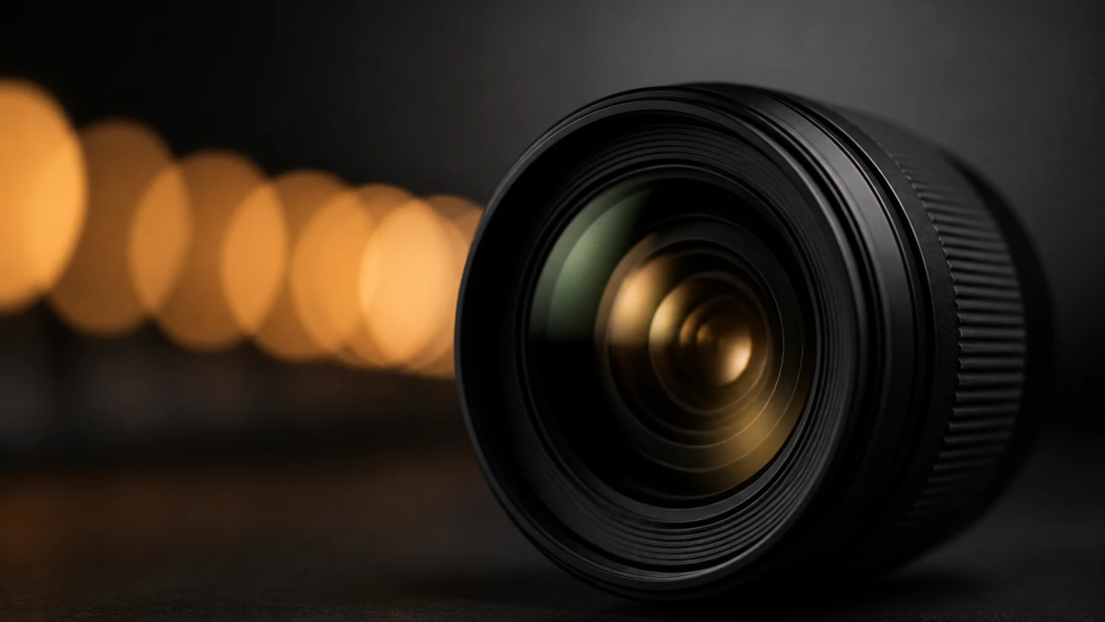 An unbranded portrait lens sits before a row of smooth warm out-of-focus lights