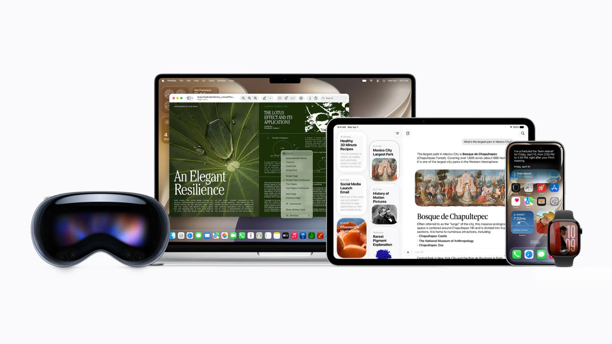 Apple’s June press image shows Siri AI interfaces across Mac, iPad, iPhone, Apple Watch and Vision Pro.
