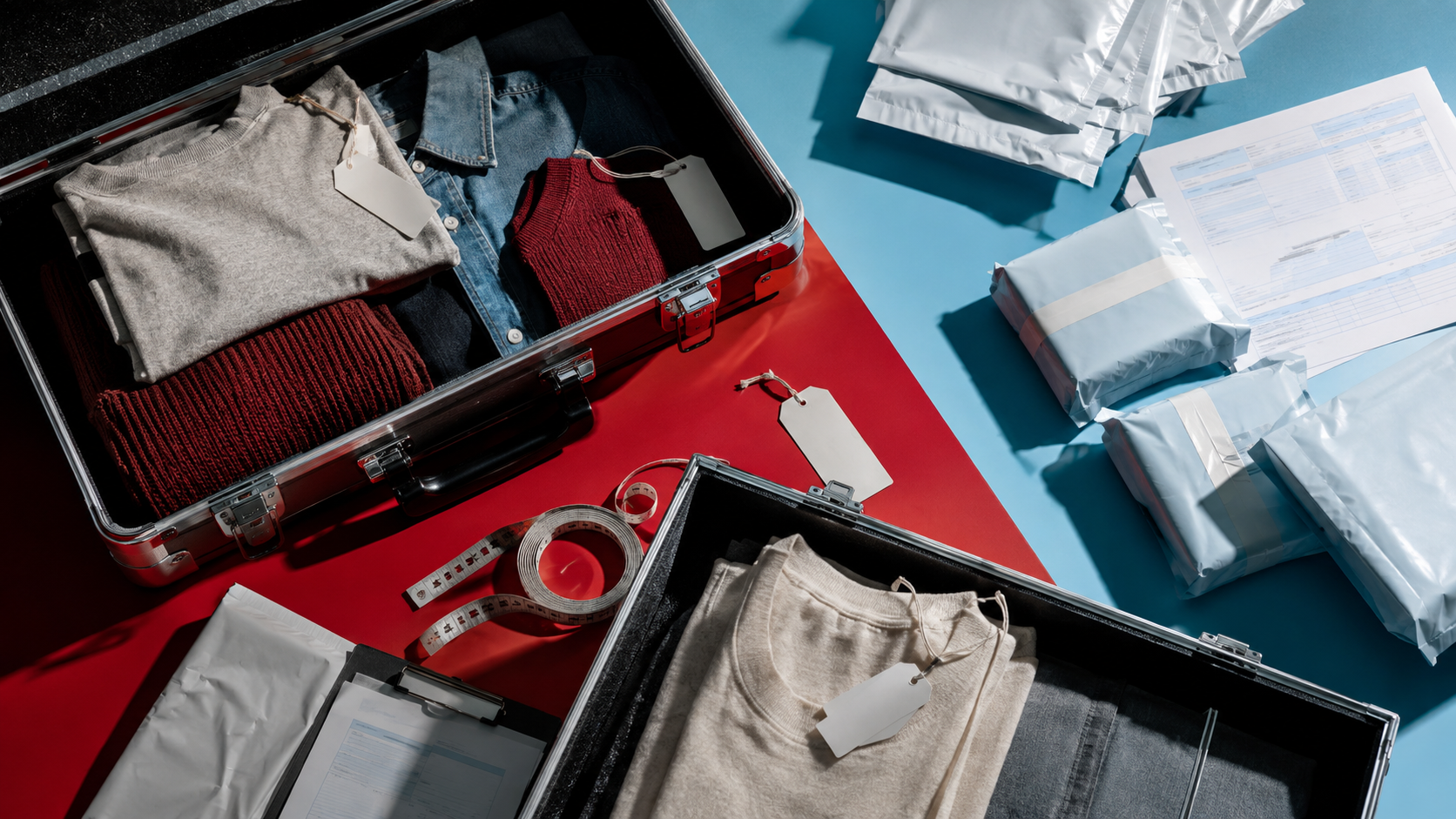 Overhead fictional customs still life with two apparel cases divided across crimson and icy cyan surfaces.