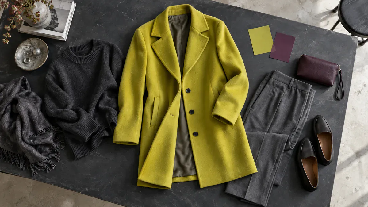Fictional editorial illustration of a chartreuse coat arranged with charcoal clothing and deep plum accessories.