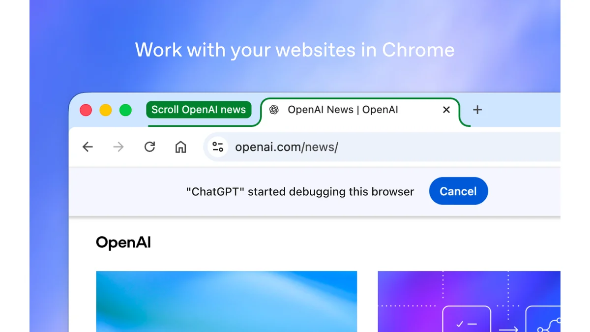 OpenAI promotional illustration shows Chrome displaying an OpenAI page with a ChatGPT browser-control banner.
