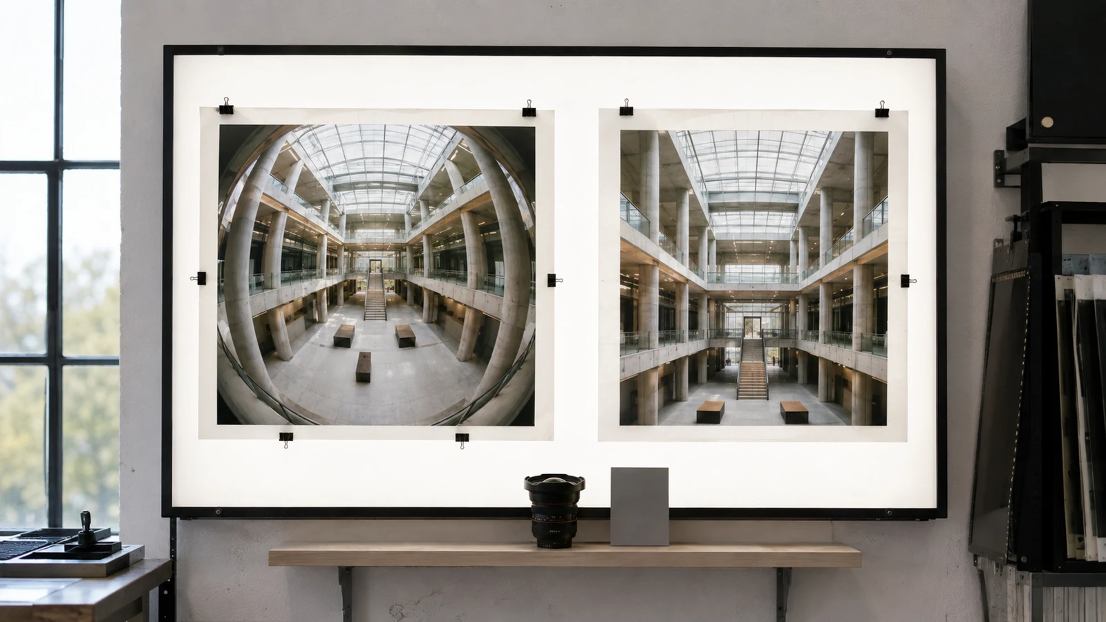A studio lightbox compares curved and straight renderings of the same fictional atrium