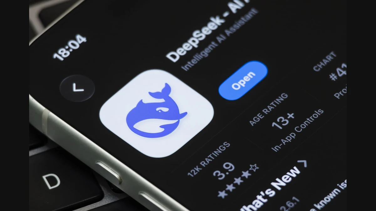 A phone screen showing the DeepSeek app listing and blue whale icon.