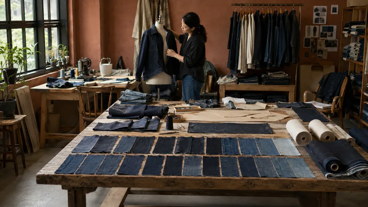 Editorial illustration of a fictional denim label studio, with fabric swatches and patterns across a cutting table and a designer working behind it.