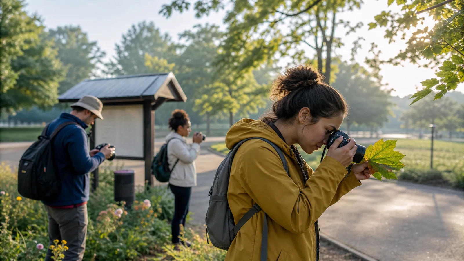 Three adult photographers respond to a daily photo prompt in a neighborhood park