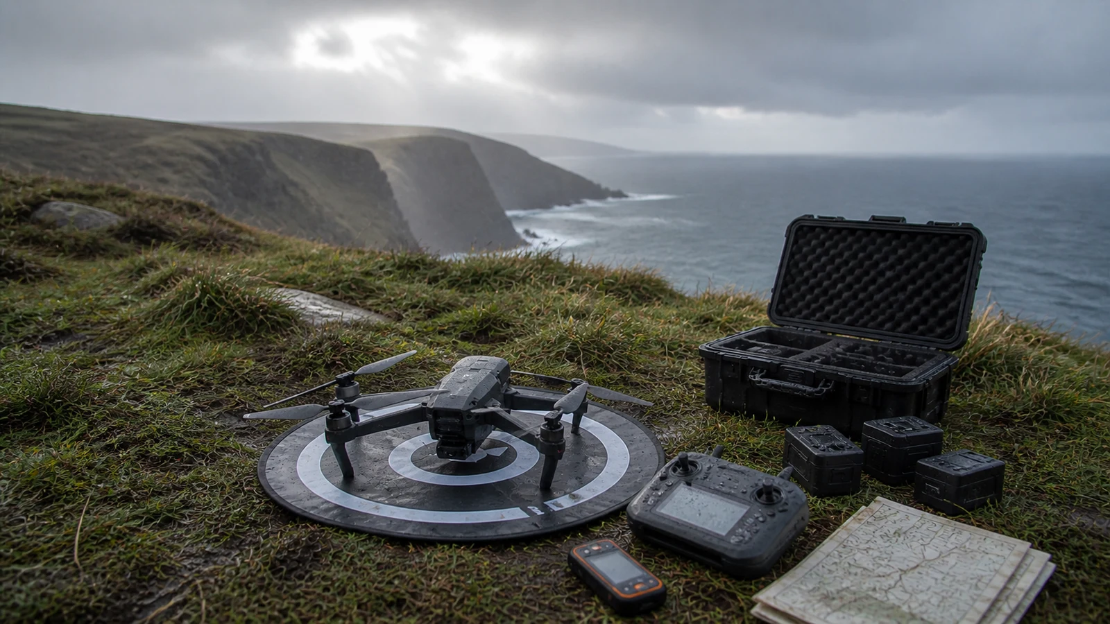 An operator inspecting an unbranded camera drone on a landing mat before takeoff in an open field