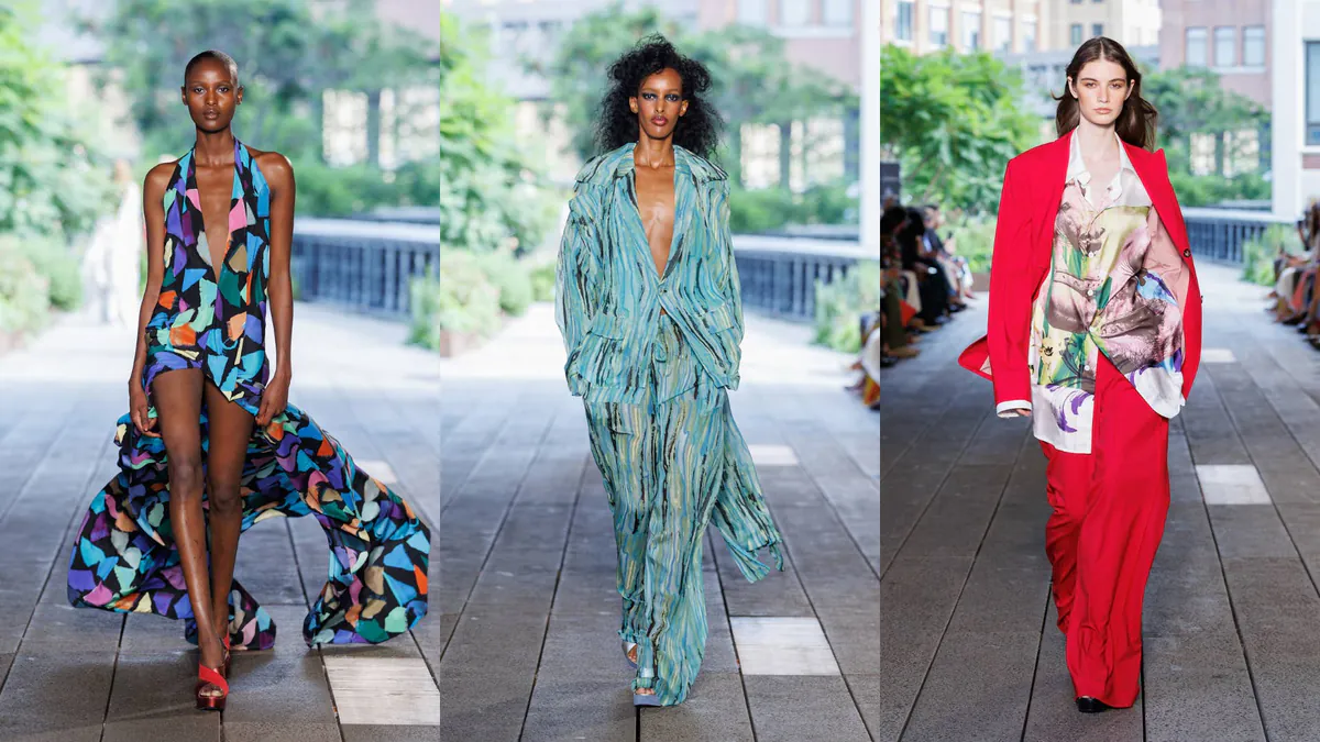 Three models in colorful Diane von Furstenberg Spring 2027 looks on the High Line in New York.