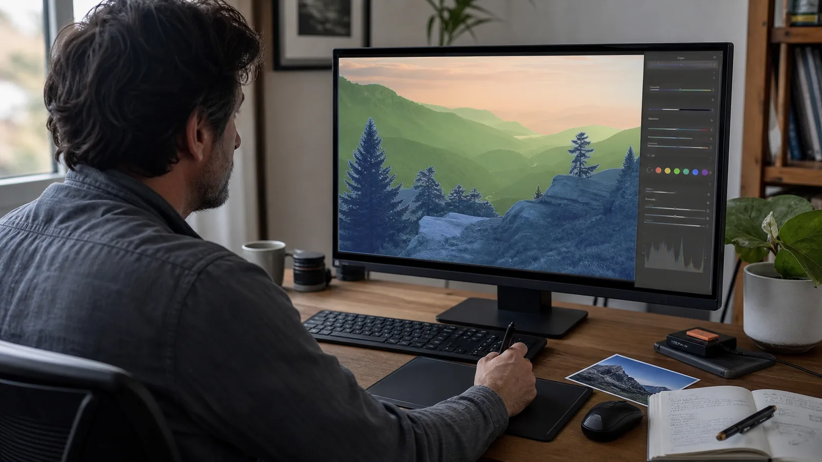 A photographer inspects depth-separated foreground and background regions in a fictional editing workspace