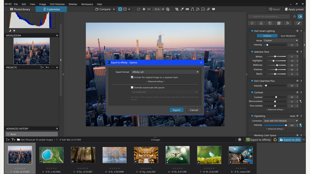 DxO’s official PhotoLab 10.1 interface screenshot displays an Affinity native export dialog with the option to include the original as a separate layer, beside a skyline sample photograph