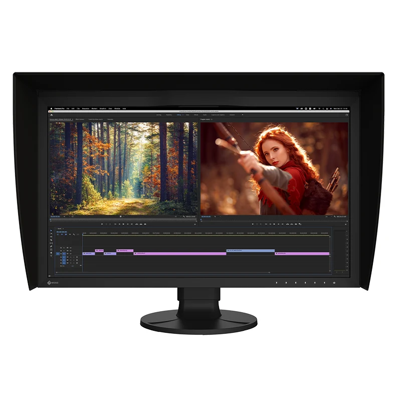 Eizo’s official CG2700X product illustration shows the black monitor with its surrounding hood and a video editing interface on screen.