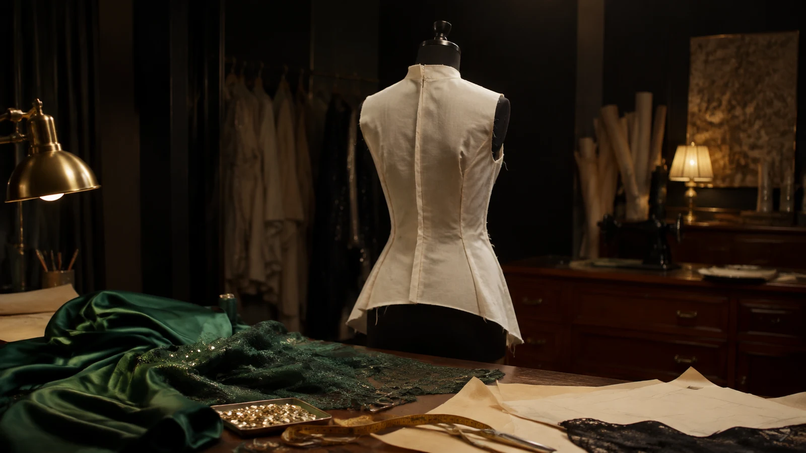 Photorealistic editorial illustration of an unfinished plain toile, emerald fabric, lace samples, sequins, and tailoring tools in a fictional workroom.