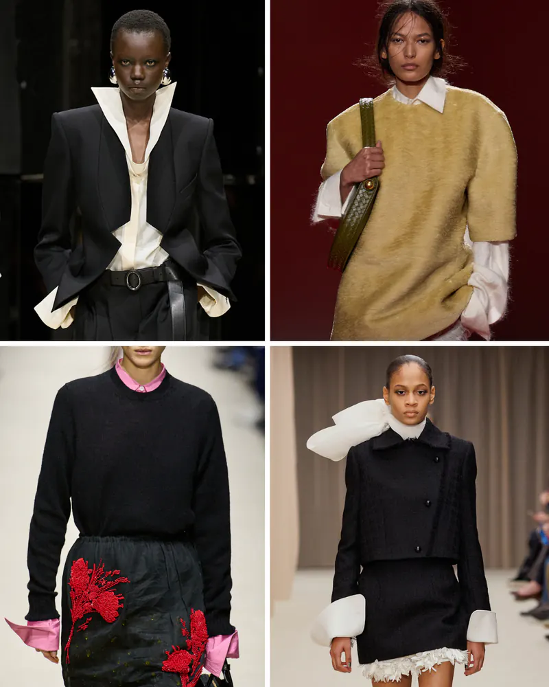 Runway comparison of statement collars and cuffs from Givenchy, Bottega Veneta, McQueen, and Prada.