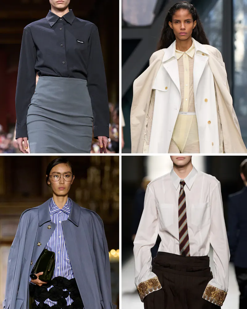 Shirting as a style reference for polished ease. Clockwise: Miu Miu, Calvin Klein, Dries Van Noten, Victoria Beckham. Existing collections, not a preview of New York’s unshown designs.