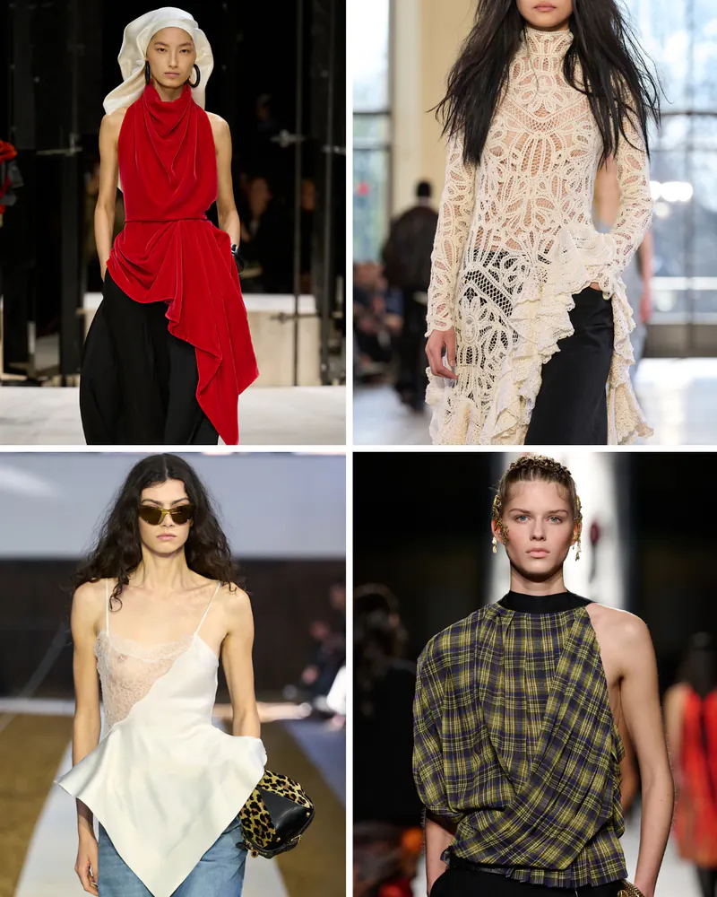 Asymmetric cuts as a reference for changing proportions. Clockwise: Givenchy, Gabriela Hearst, Dries Van Noten, Stella McCartney. Existing collections, not the upcoming Paris shows.