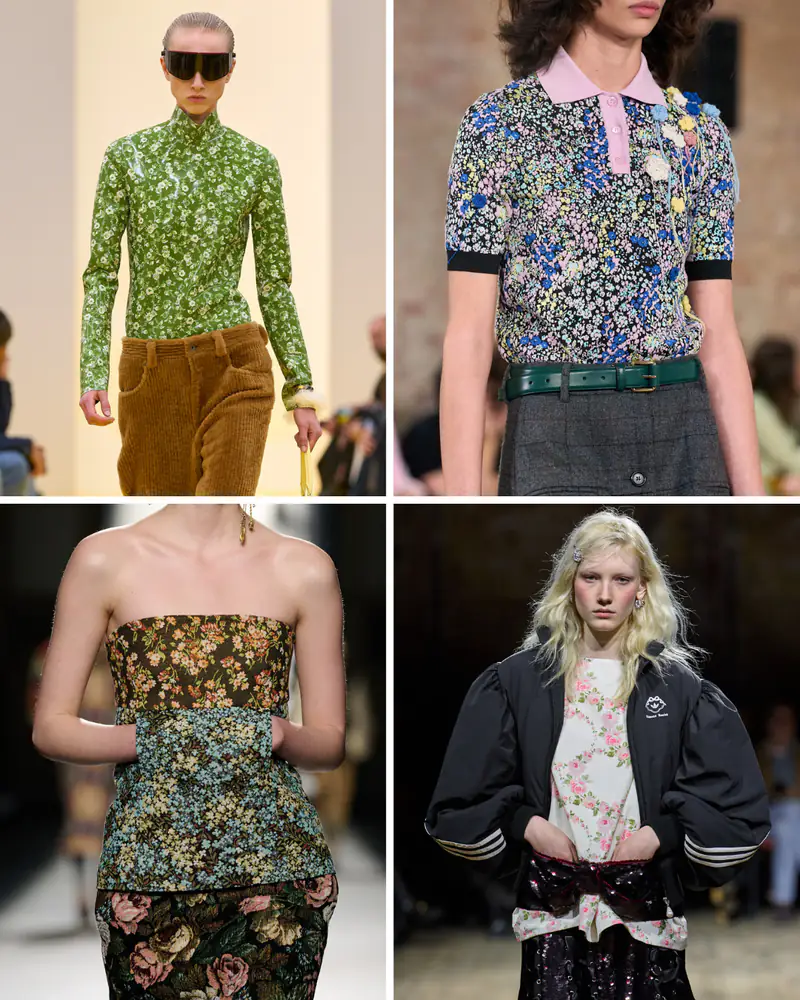 Floral details in existing runway looks. Clockwise: Loewe, Moschino, Simone Rocha, Dries Van Noten.