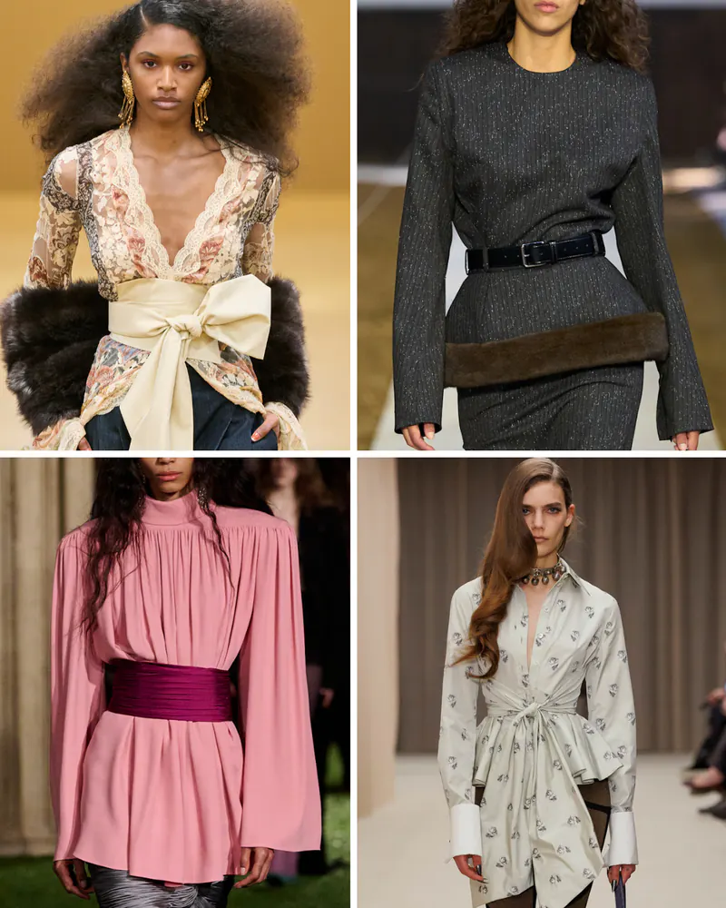 Defined waists in existing runway looks. Clockwise: Zimmermann, Stella McCartney, McQueen, Valentino.