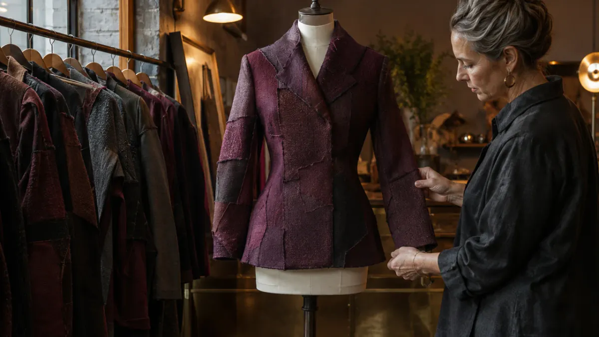 Editorial illustration of a fictional shop owner inspecting an unbranded burgundy jacket in a small clothing shop.
