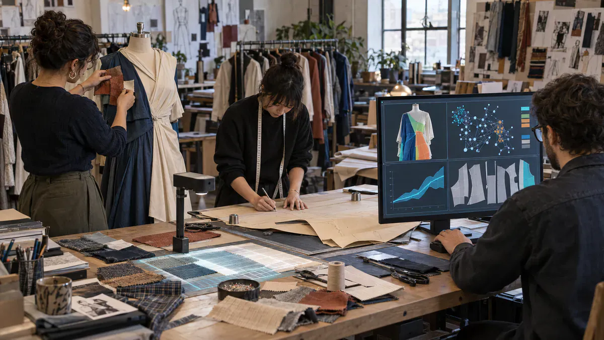 Fictional editorial illustration of Fashion professionals working with fabrics, patterns, a draped garment, and an AI analysis screen.