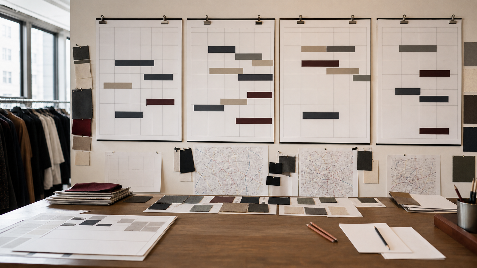 Fictional fashion studio with four blank schedule boards, fabric swatches, abstract maps, and planning materials in natural daylight.