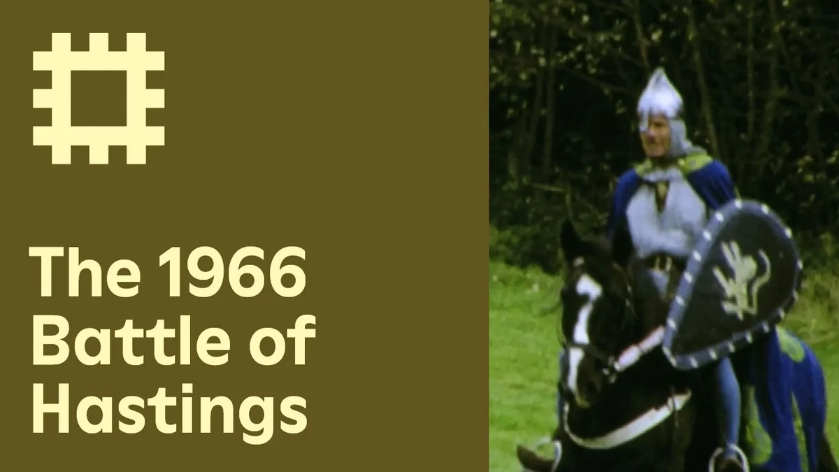 English Heritage’s official video thumbnail combines the title The 1966 Battle of Hastings with a film frame of a costumed rider holding a shield on a dark horse.