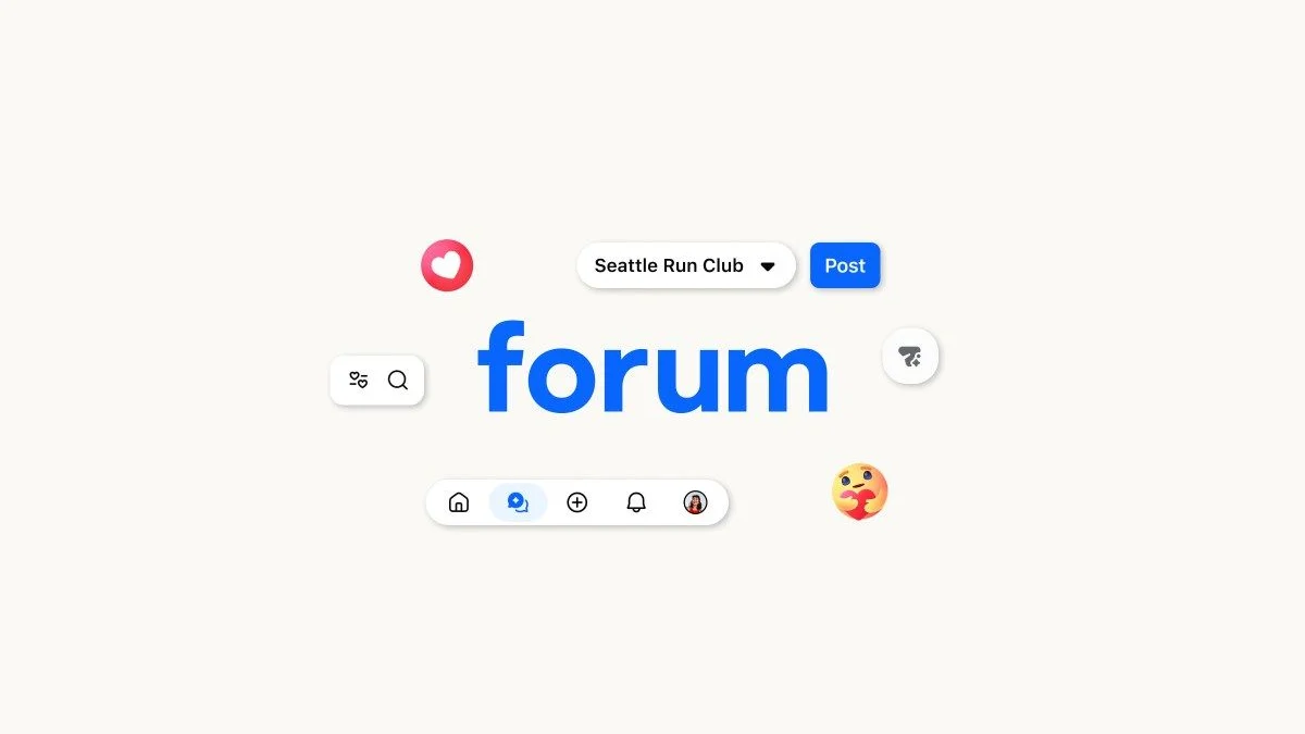 Meta’s official illustration of the Forum wordmark surrounded by interface controls and reaction icons.