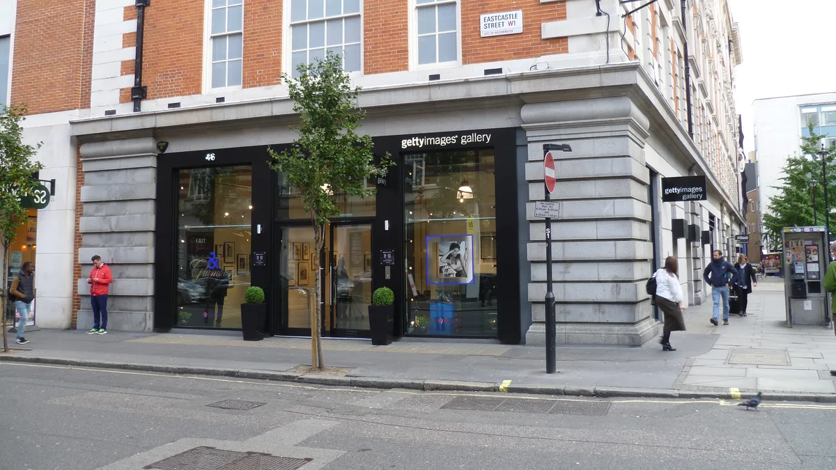 Getty Images gallery signage on a brick corner building on Eastcastle Street in London, photographed in October 2015.