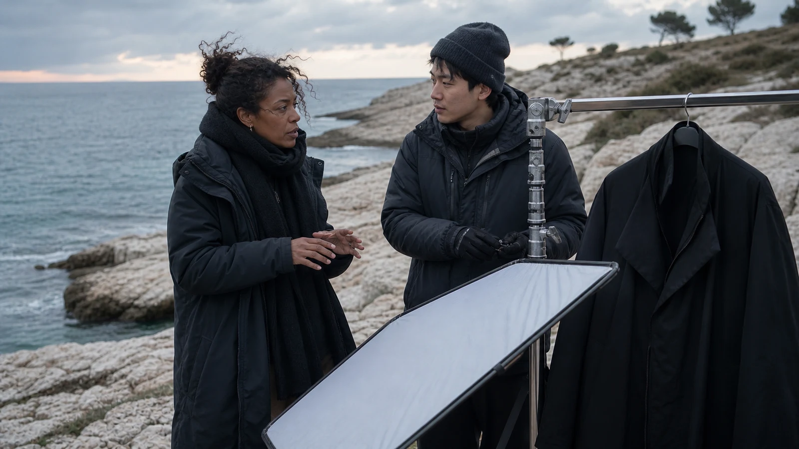 Two fashion crew members confer beside a winter coat on a rocky coast